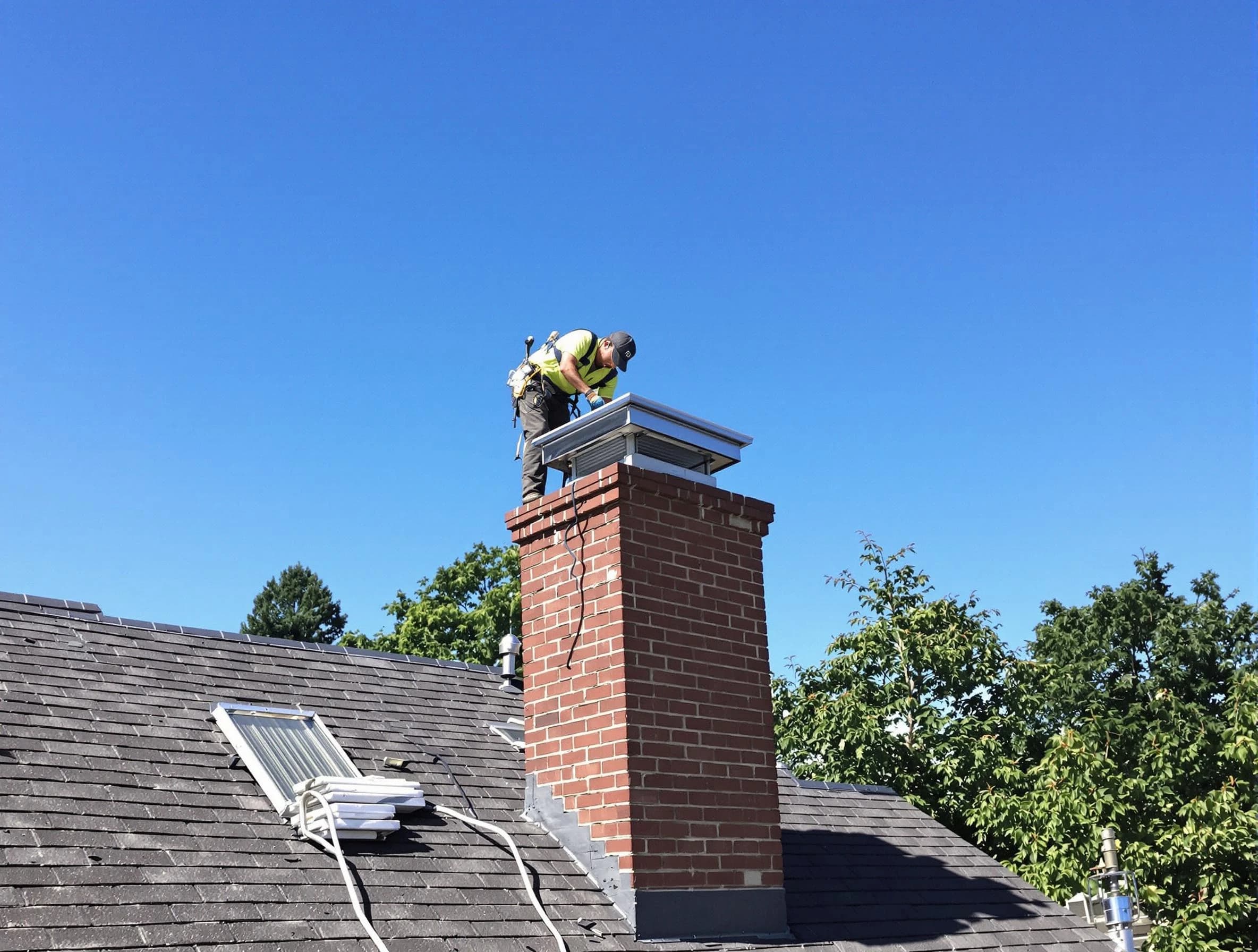 Hingham Chimney Sweep technician measuring a chimney cap in Hingham, MA