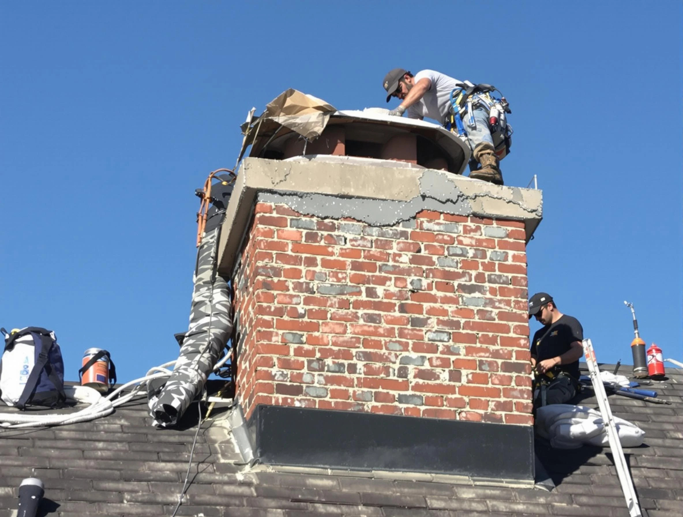 Hingham Chimney Sweep installing a custom chimney crown in Hingham, MA