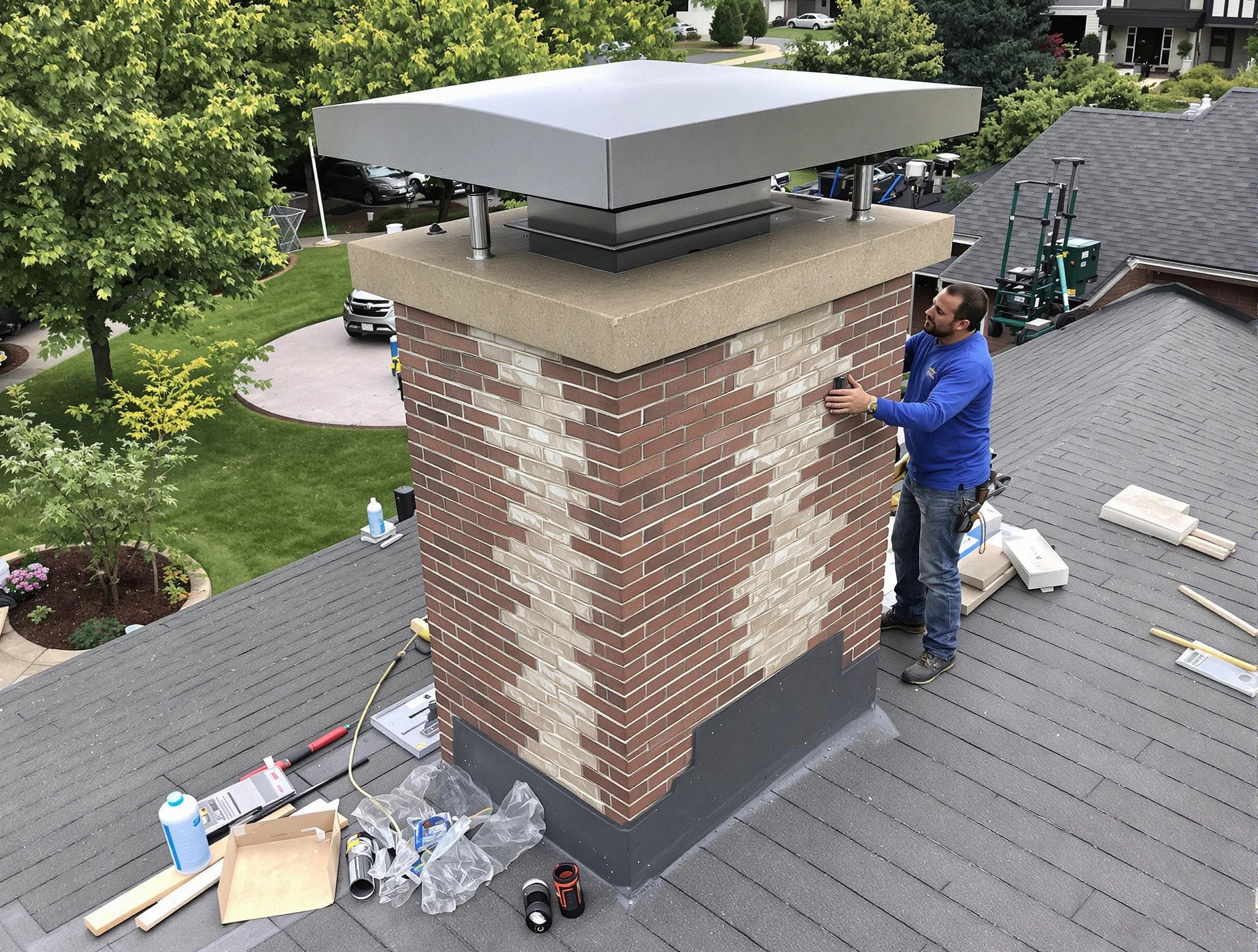 Hingham Chimney Sweep team working on a custom chimney remodel in Hingham, MA